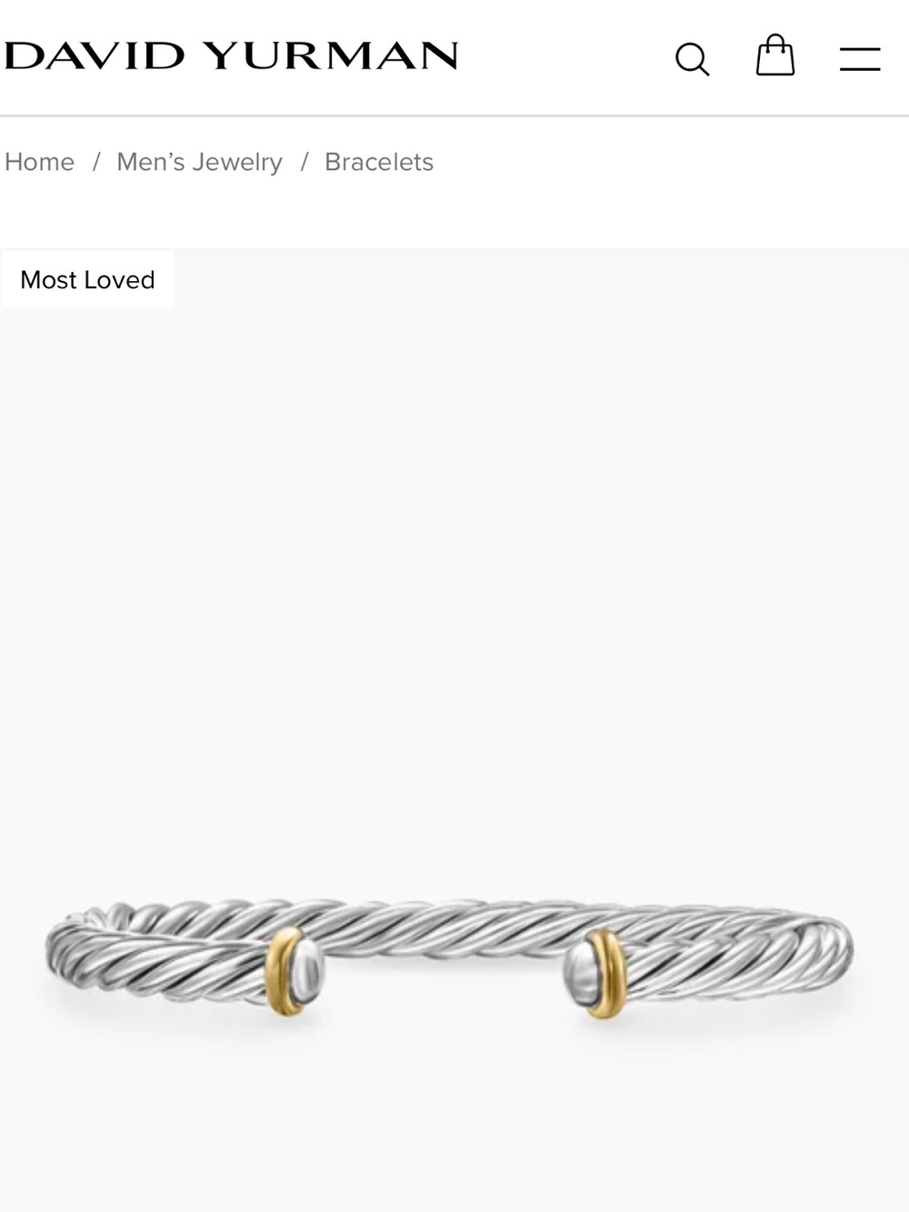 David Yurman Cable Cuff Bracelet Sterling Silver with 14K Yellow Gold, 6mm